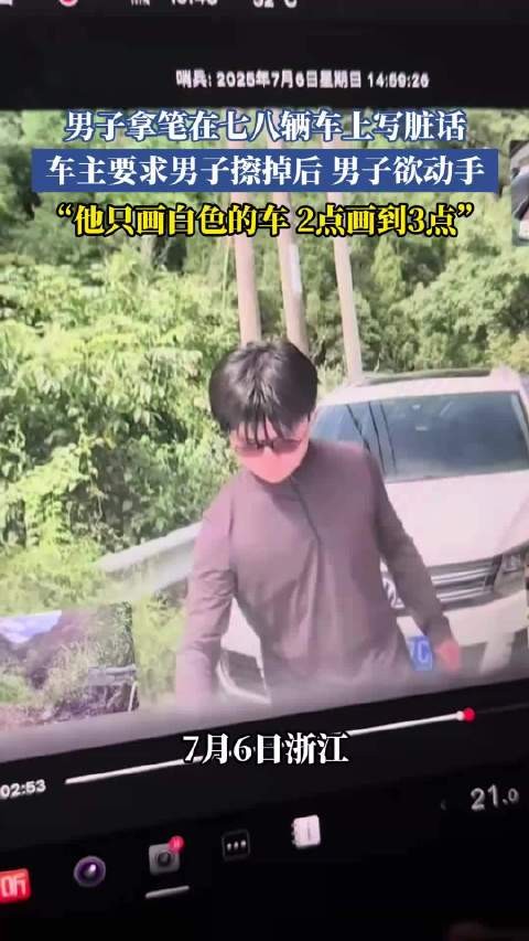 男子拿笔在七八辆车上写脏话,车主要求男子擦掉后男子欲动手