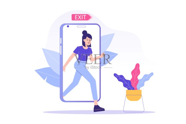 数字排毒的概念。快乐的女人退出了智能手机屏幕。拔掉电话，离线。远离压力和焦虑。健康的<a target=