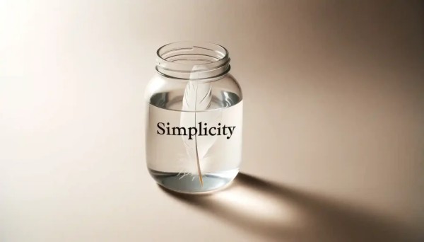 透明玻璃罐,上面有漂浮的羽毛和“Simplicity”字样。