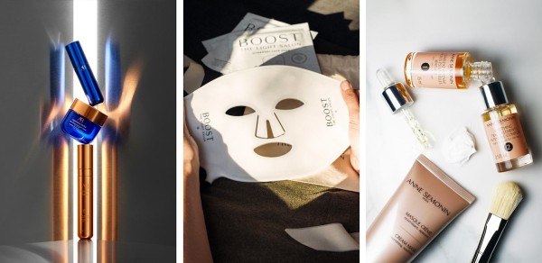 3张照片的拼贴：Augustinus Bader产品；Boost LED Mask；Anne Semonin产品