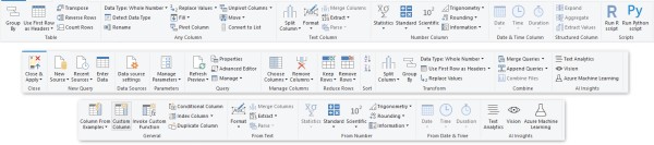 Capture d’écran des commandes de transformation sous les onglets Transformation, Accueil et Ajouter des colonnes de l’éditeur Power Query.