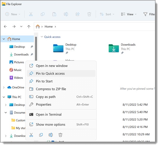 Shows File Explorer, with the right-click menu open for a file. "Pin to Quick access" is highlighted in the menu.