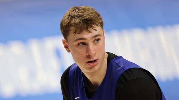 Cooper Flagg #51 looks on during the 2025 NBA Draft Combine at Wintrust Arena on May 13, 2025 in Chicago