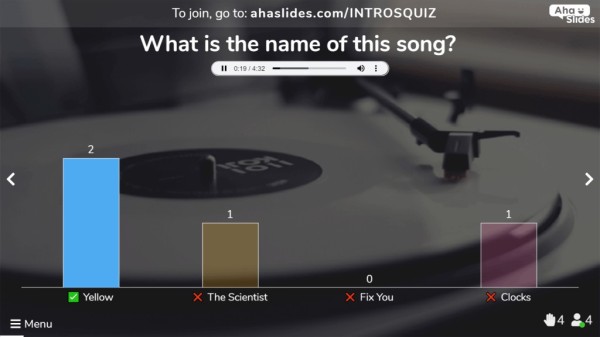 un tipo di quiz sonoro a scelta multipla per un quiz di musica pop interattivo su AhaSlides.