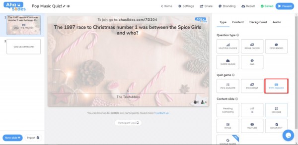 Come creare un tipo di quiz a risposta aperta per un quiz interattivo su AhaSlides.