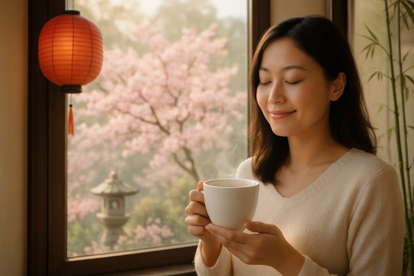 A young Asian woman smiling by a window with a cup of tea, overlooking a traditional Chinese garden with cherry blossoms and bamboo.