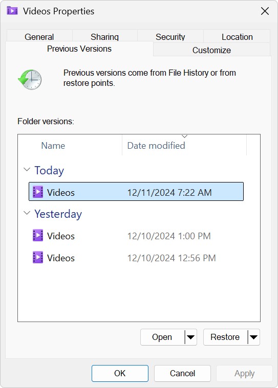 Screenshot of the previous version tab of a folder.