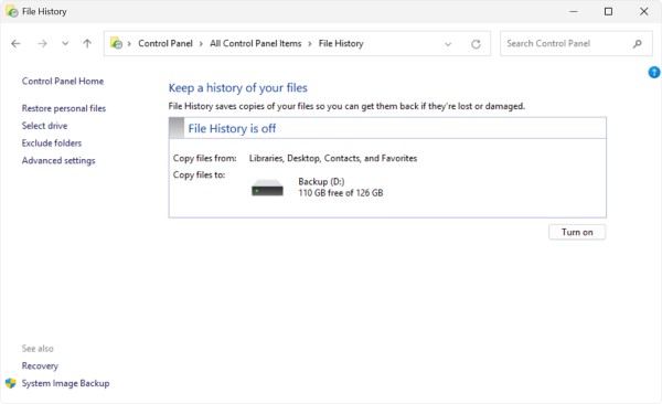 Screenshot of File History from the Control Panel.