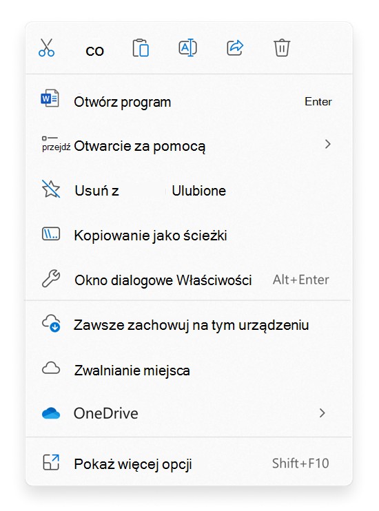 Wybierz polecenia dotyczące plików lub folderów w Eksplorator plików menu kontekstowym otwieranym prawym przyciskiem myszy.