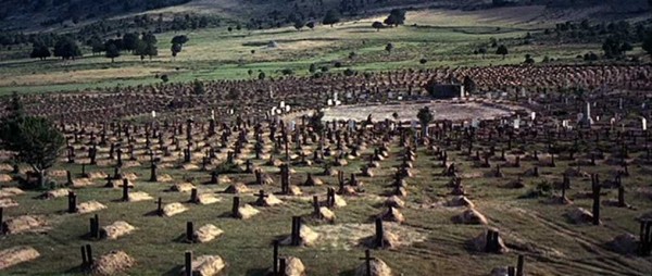 Wide cemetery shot from The Good, the Bad and the Ugly (1966)