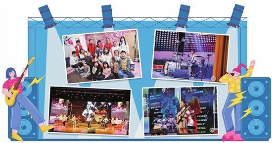 图①:今年寒假，团队在武汉保利上城社区开展为期一周的“VMV乐队寒假学堂”活动时，和社区的孩子合影。图②：VMV乐队登台演出。图③:贝斯手郭斌。图④:吉他手金海心。受访者供图