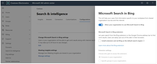 Screenshot of Microsoft 365 admin center settings for configuring Microsoft Search in Bing, including extension settings and search results configurations.