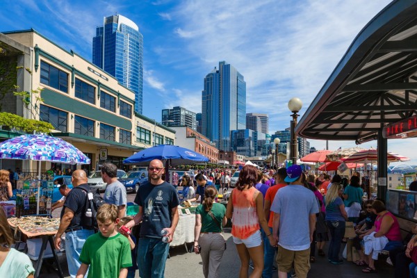 Saturday market on Western Avenue near Pike Place, Seattle.