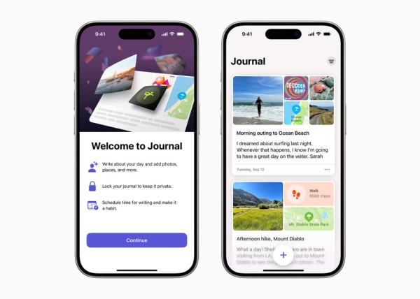 两台 iPhone 15 Pro 设备上显示手记 app 界面。 