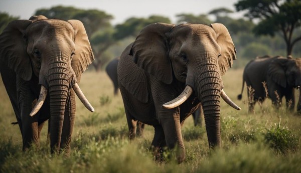 Elephants roam freely in a lush, green savanna. A herd of elephants grazes peacefully, while a majestic bull stands tall, symbolizing the resilience and conservation of their population