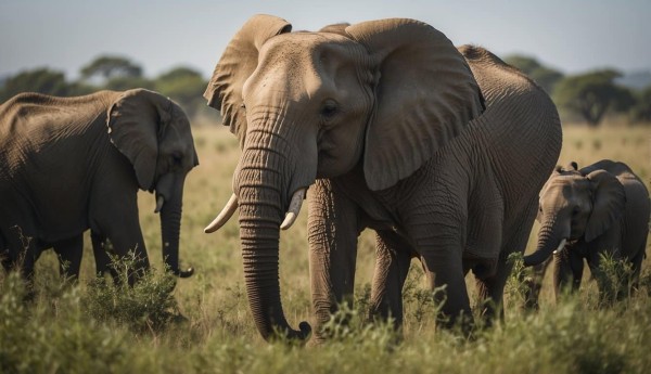 Elephants roam freely in a lush, green savanna, surrounded by their herd. The matriarch, with her wise eyes, stands tall, symbolizing the social and cultural significance of these majestic creatures