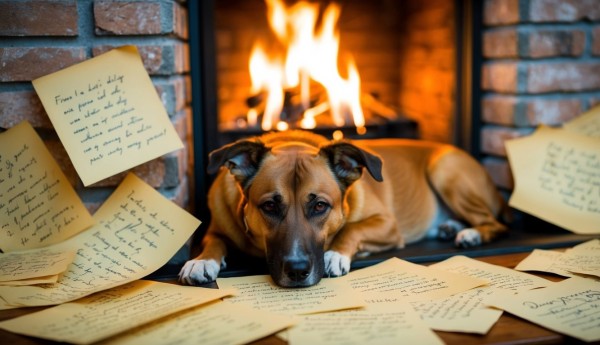 A loyal dog resting by a crackling fireplace, surrounded by scattered sheets of handwritten poems about dogs