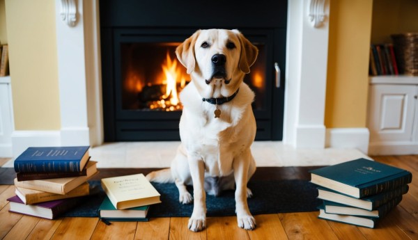 A loyal dog sitting by a crackling fireplace, surrounded by classic poetry books about dogs