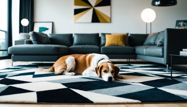 A sleek, modern living room with a dog curled up on a geometric-patterned rug, surrounded by contemporary art and furniture