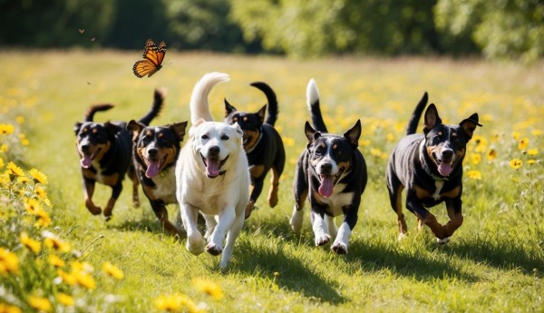 A pack of dogs romp through a sun-dappled meadow, tails wagging and tongues lolling, as they chase after a fluttering butterfly