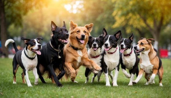 A collection of dogs of various breeds and sizes, each with their own unique personality, playfully interacting in a park setting