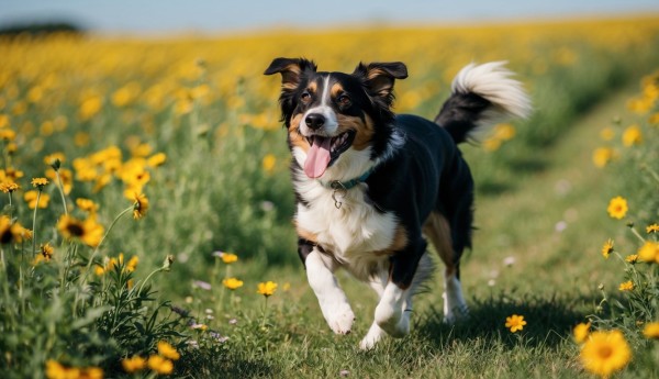 A joyful dog running through a field of wildflowers, with its tongue hanging out and tail wagging happily