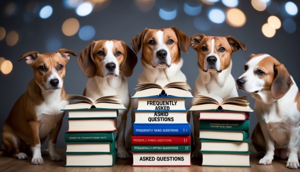 A group of dogs gather around a stack of books with the words "Frequently Asked Questions" on the cover. Each dog has a thoughtful expression as they read or listen to the poems being recited