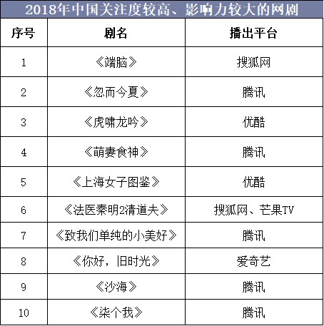 2018年中国关注度较高、影响力较大的网剧