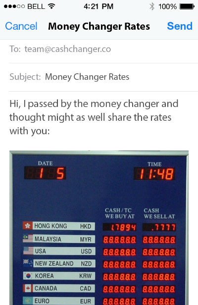 Image of writing an email to send money changer rateboard photo to CashChanger via email