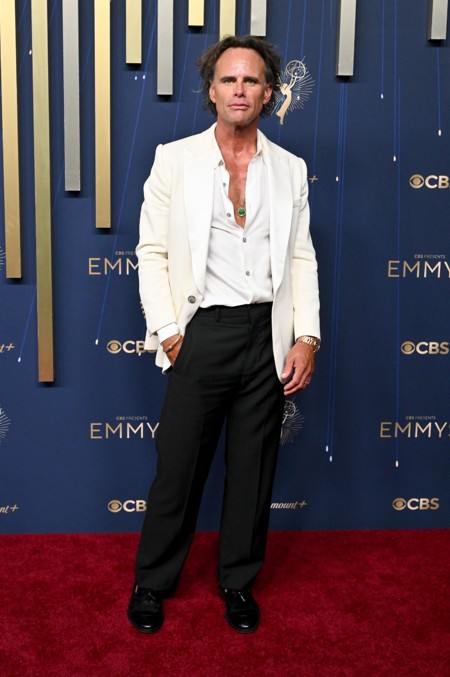 a man dressed in formal attire at an awards ceremony standing on a red carpet