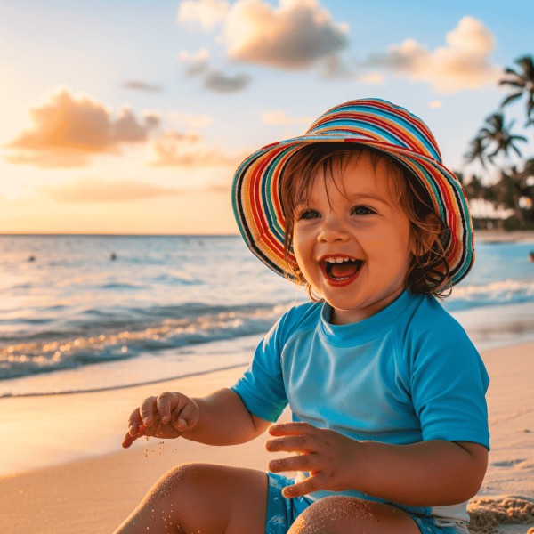 Happy toddler playing on the beach at sunset, a great example of Toddler-Friendly Outdoor Vacation Ideas