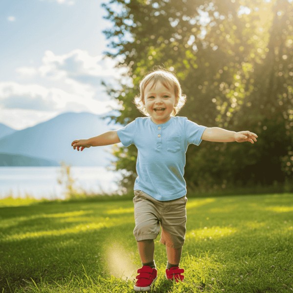Smiling toddler running outdoors by a lake and mountains, perfect for Toddler-Friendly Outdoor Vacation Ideas
