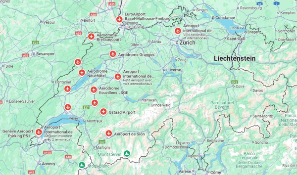 carte des aéroports en Suisse