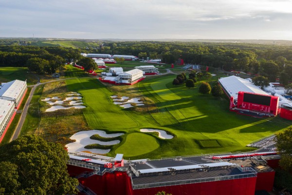 An aerial view of No. 1 and No. 18 at Bethpage Black prior to the start of the 2025 Ryder Cup. 