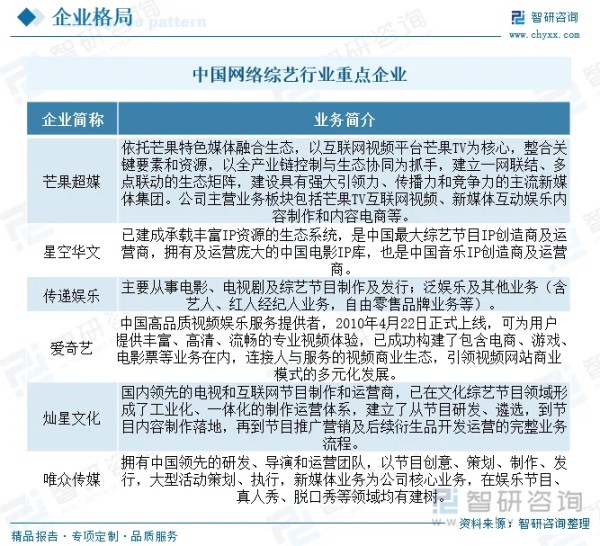 中国网络综艺行业重点企业