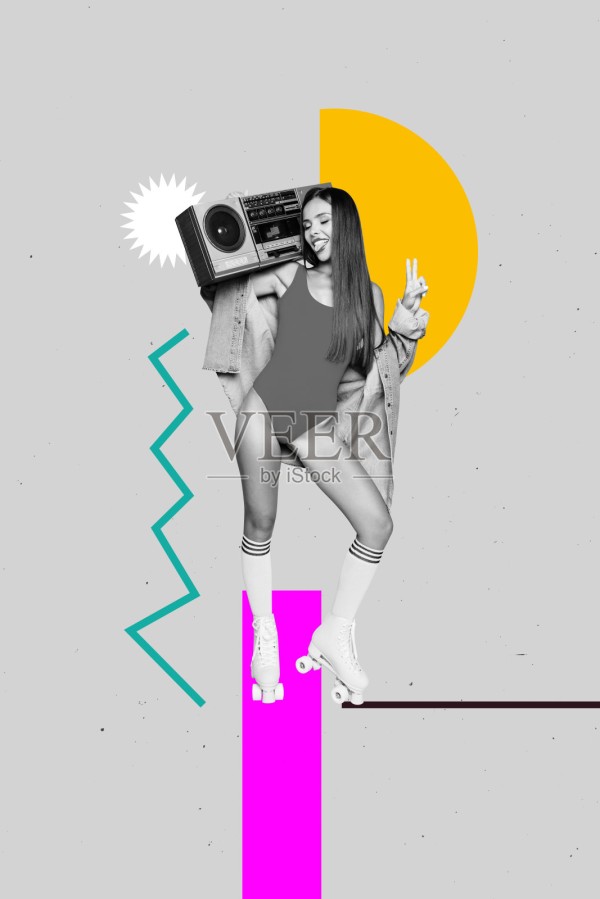 潮流竖版艺术横幅草图，快乐女孩跳舞庆祝音乐爱好者的唱片音响放松的3D照片拼贴照片摄影图片