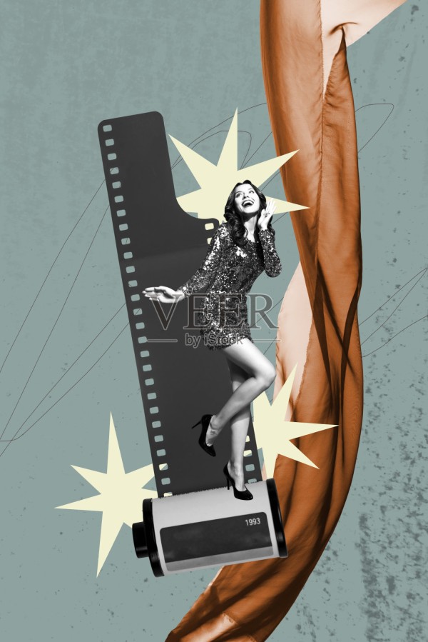 快乐女孩的复古音乐磁带3D艺术拼贴画，适合庆祝、迪斯科、周末放松、夜店等场合照片摄影图片