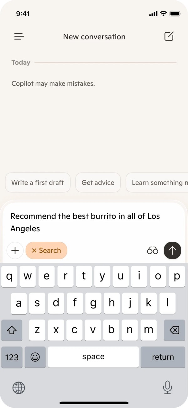 A mobile screen shows a user typing to ask Copilot to recommend the best burrito in all of Los Angeles.
