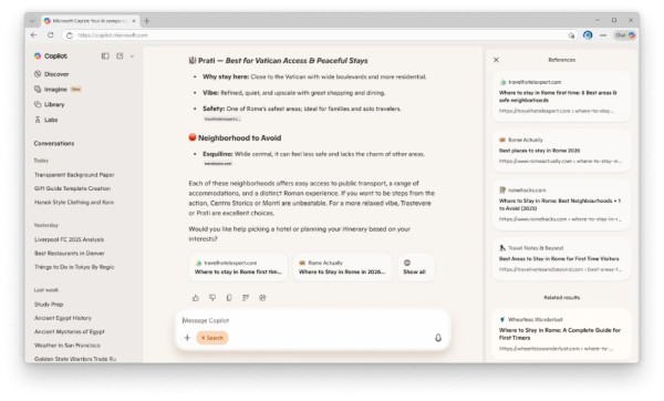 An internet tab window shows interactions with Copilot, outlining the best places to visit in Rome.