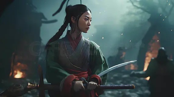 illutration风格,中国武侠战争场景,将军女人,中国水墨风格,武术风格,中国童话,高度详细,动态,电影,令人惊叹,逼真的灯光和阴影,生动,充满活力,8K,octane渲染,虚幻引擎,非常详细，