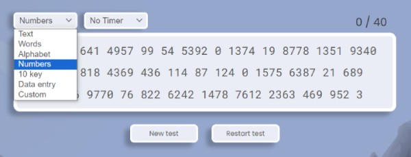 Typing test with numbers.