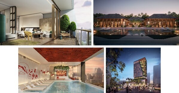 从左至右依次为:上海前滩华尔道夫酒店(效果图)、巴厘岛华尔道夫酒店及度假村、曼谷KROMO希尔顿格芮精选酒店(效果图)、新加坡NoMad酒店(效果图)