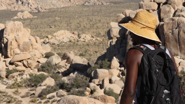 A hiker looking over desert landscape