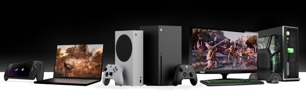 A line-up of supported devices for Xbox Play Anywhere, including the ROG Ally X, Xbox Series X|S consoles, and PCs.
