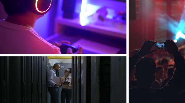 Long exposure, drone shot of cars moving in different directions at night, with triangle graphics on top