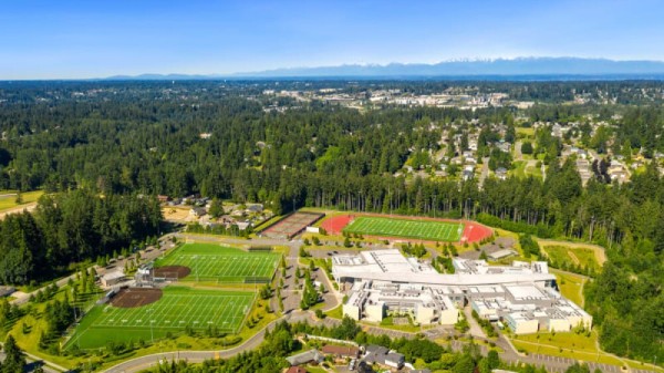 An aerial view of a school and sports fields in Edmonds, WA