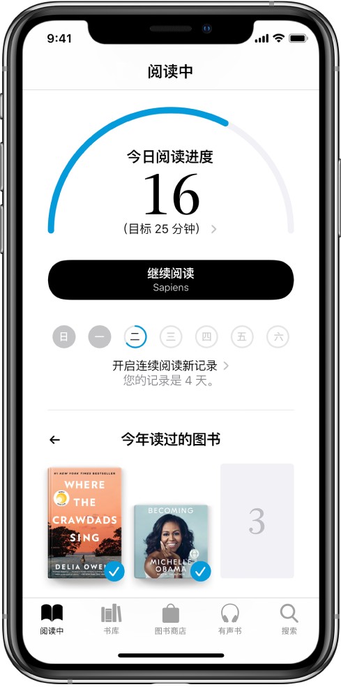 “阅读中”内的“阅读目标”部分。阅读计数器显示已完成 10 分钟的阅读目标，总阅读目标为 20 分钟。计数器下方是“继续阅读”按钮，以及显示一周中每天（从周日到周六）的圆圈，圆圈周围的蓝色轮廓表示当天的阅读进度。页面底部是“今年读过的图书”的封面。