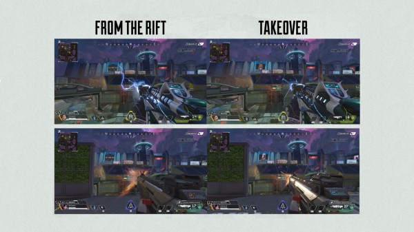 A comparison of gameplay in Apex Legends. The left panels are labeled "From the Rift" showing sci-fi energy effects; the right panels say "Takeover" with standard visuals.