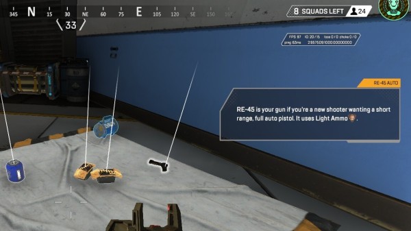 RE-45 highlighted in a loot room. Text: “Great for new players wanting a short-range, full-auto pistol. Uses Light Ammo.”