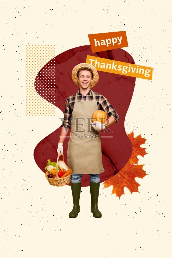 快乐的农民在秋收季节拿着装满蔬菜和南瓜的篮子，象征着感恩节的3D图片海报拼贴画照片摄影图片
